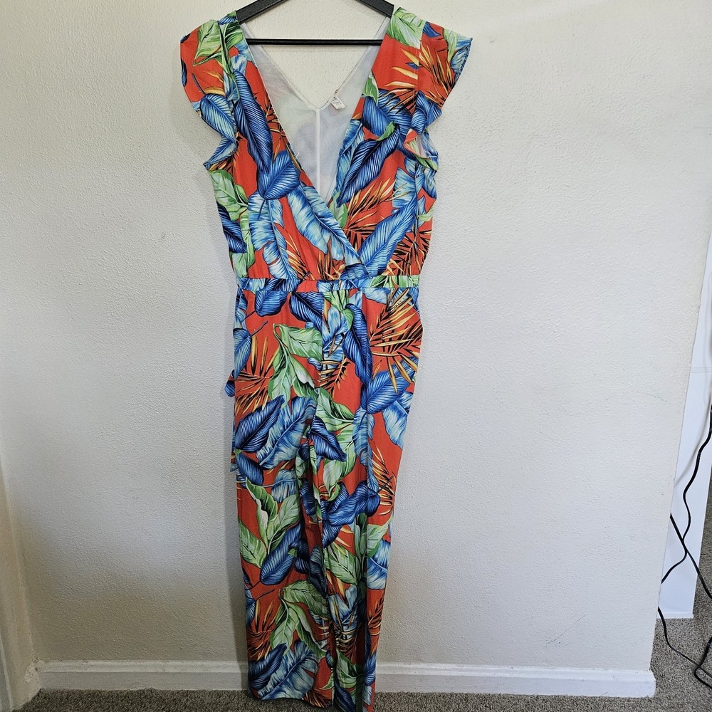 B. Love Tropical Palm Leaf Wide-Leg Jumpsuit - Women's Size Large